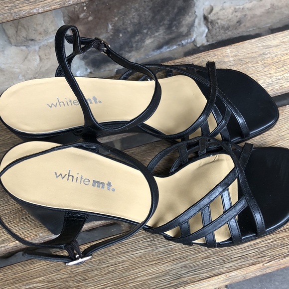 Whitemt. Wedge Strappy Sandals Black Leather. 10M - Picture 2 of 5
